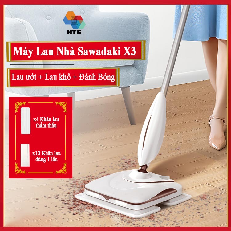 Máy Lau Nhà Không Dây Sawadaki X3  cầm tay công nghệ 4 in 1, trợ lực rung lau tần số 900 lần/phút sạch sâu, chính hãng