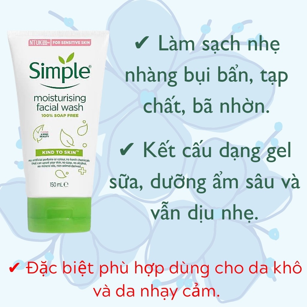 Sữa rửa mặt SIMPLE Moisturising Facial Wash làm sạch sâu dưỡng ẩm kiềm dầu (150ml)