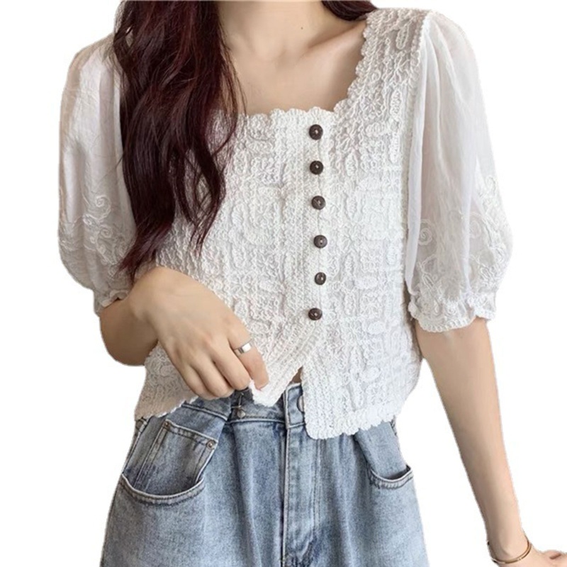 Áo Kiểu Cổ Vuông Tay Phồng Thêu Ren Phong Cách Pháp Ngọt Ngào Thời Trang Mùa Hè Cho Nữ