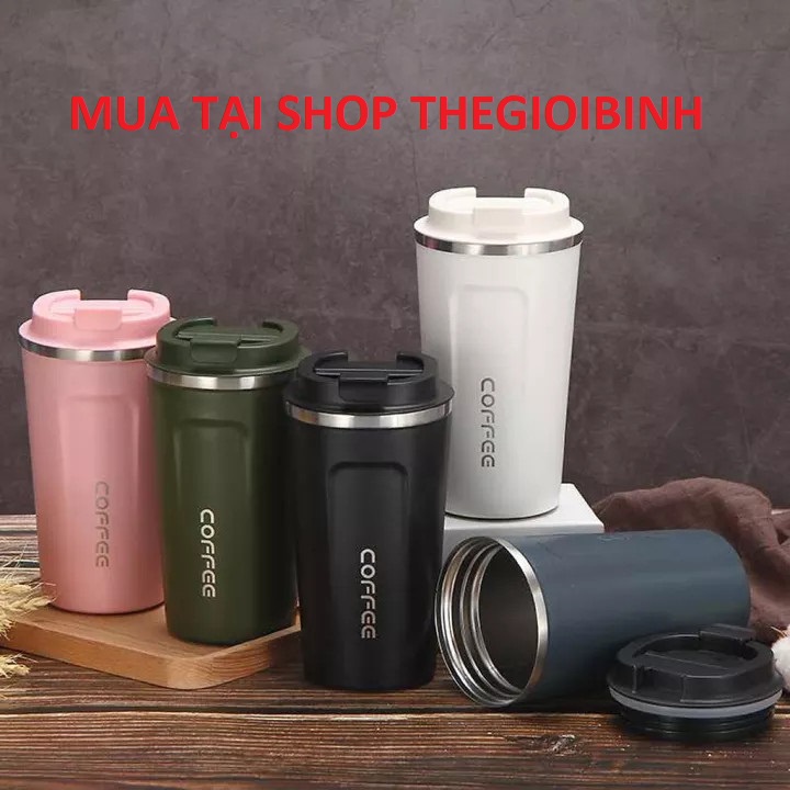 Cốc giữ nhiệt 6-12 tiếng Họa tiết Coffe 500ml Cầm tay tiện lợi , đế doăng cao su