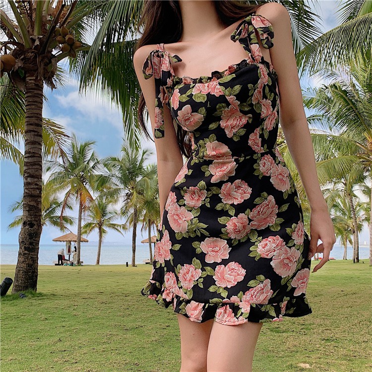 AIMEIBEAUTY French chic sweet flower print strappy dress