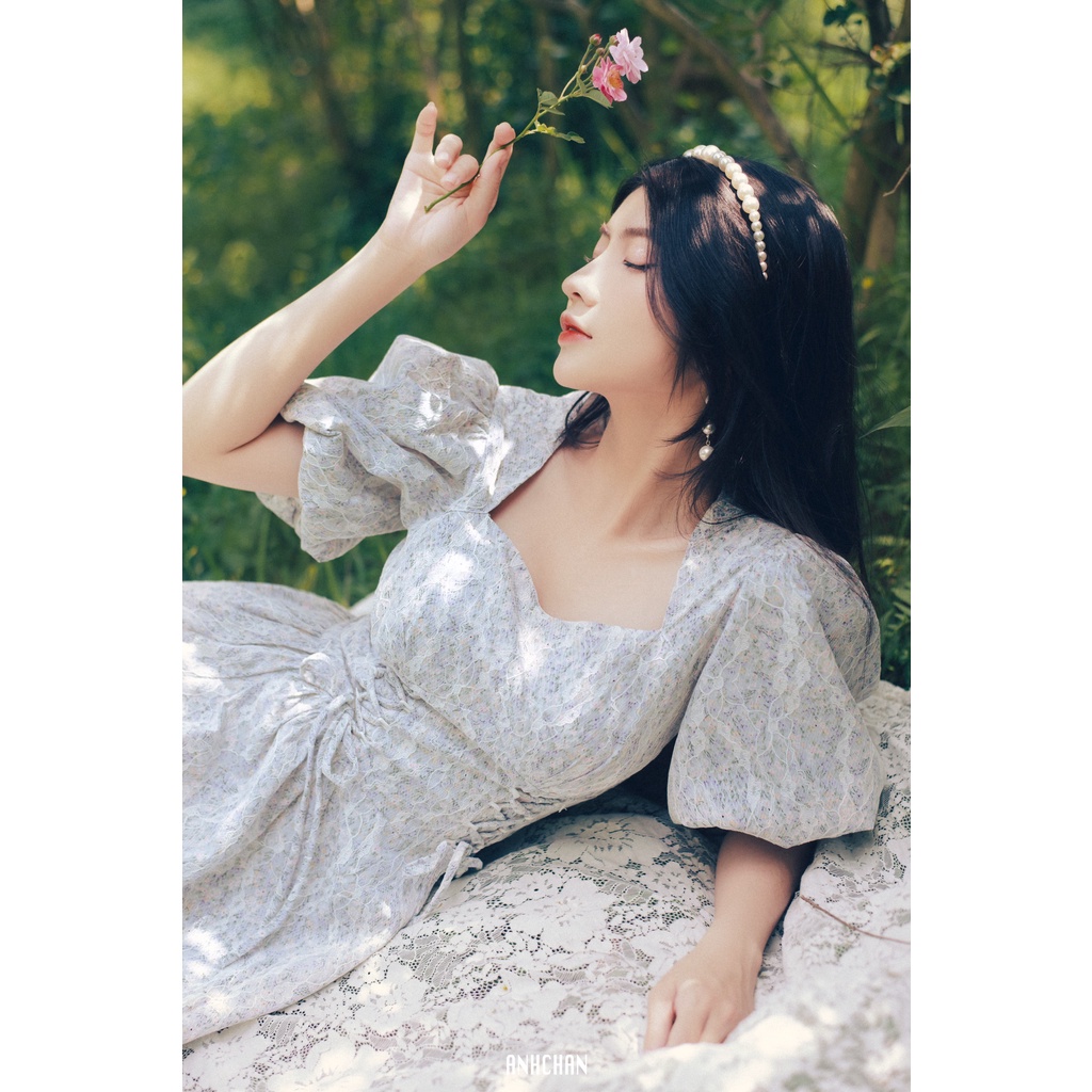 NGỌC KHÁNH Studio - Cloudy Dress đầm hoa ép ren tiểu thư thiết kế dáng xòe cổ vuông tay bồng thắt eo cổ điển