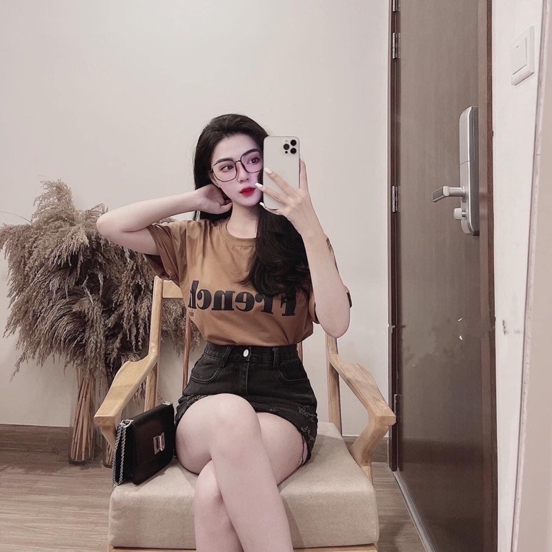 Set Áo Phông Chữ Phối Chân Váy Jeans Mềm Form Đẹp