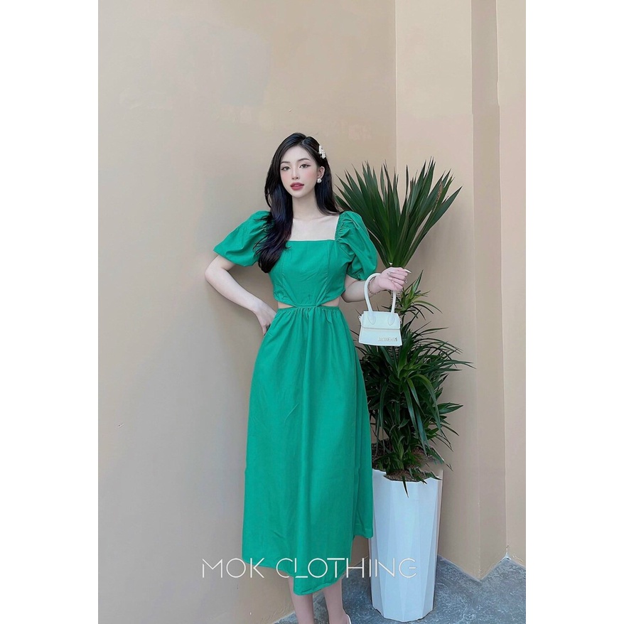 [8.8 Sales Freeship] Đầm công chúa tay phồng dáng dài, đầm trơn màu cổ vuông hở eo dáng xòe phong cách hàn quốc