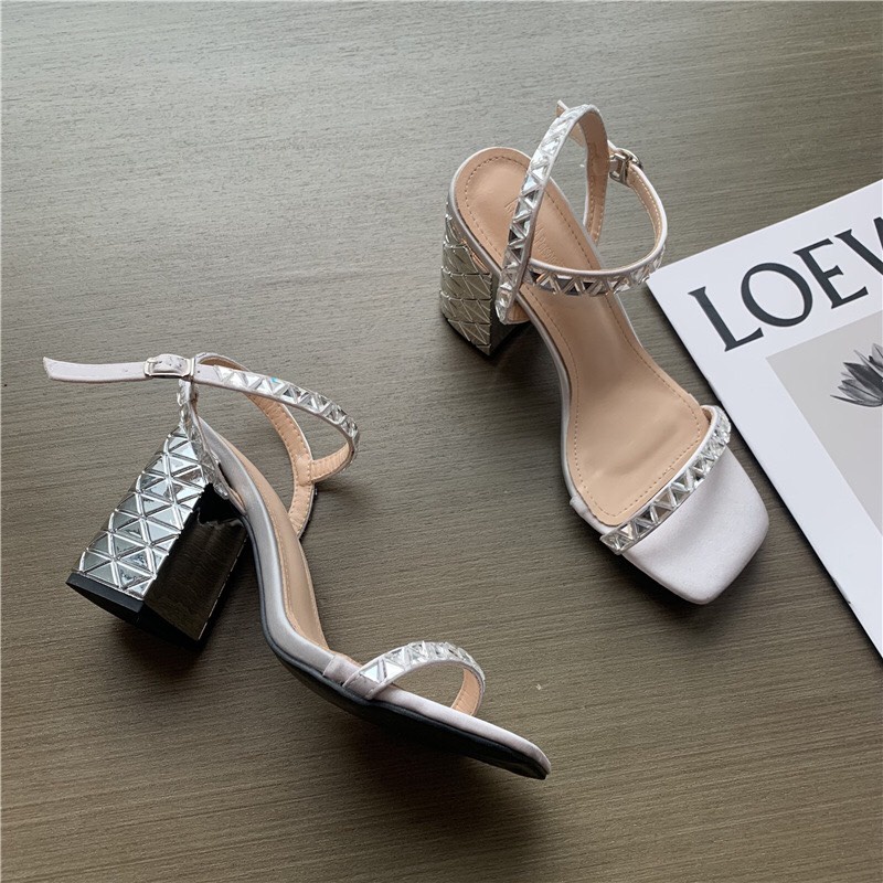 Sandal Cao Gót 9p Dây Quai Phối Viền Đá Gót Sáng Bạc Cực Sang Form Chuẩn - Xăng Đan Nữ Chị Chảnh Store