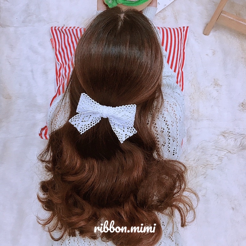 [ Hàng Thiết Kế ] Kẹp Tóc Nơ Ren Handmade Họa Tiết Hoa Trắng / Kem Cao Cấp Ribbon.mimi Lace cột / kẹp