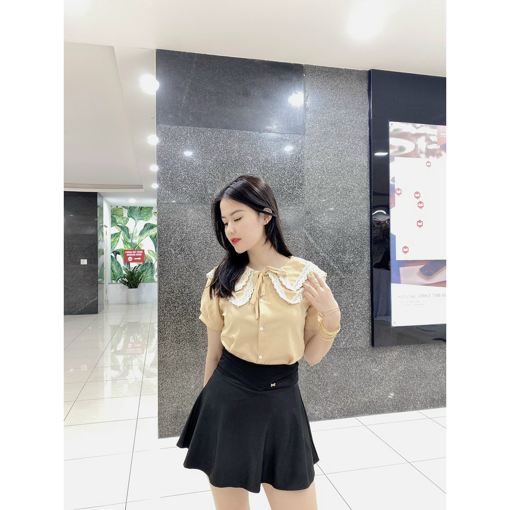 áo sơ mi nữ ngắn tay cổ nơ ren viền xinh xắn