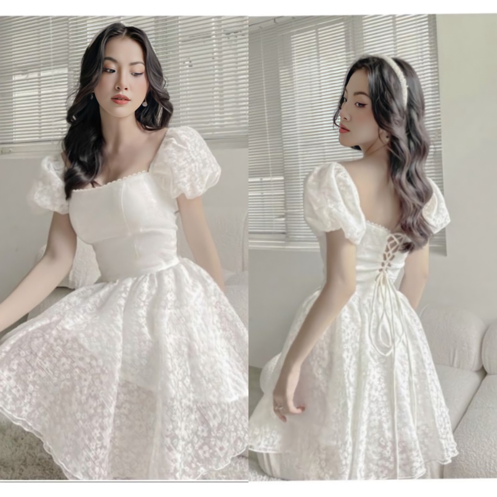 Đầm Trắng Ren Hoa Tay Bồng Đan Lưng Đủ Size