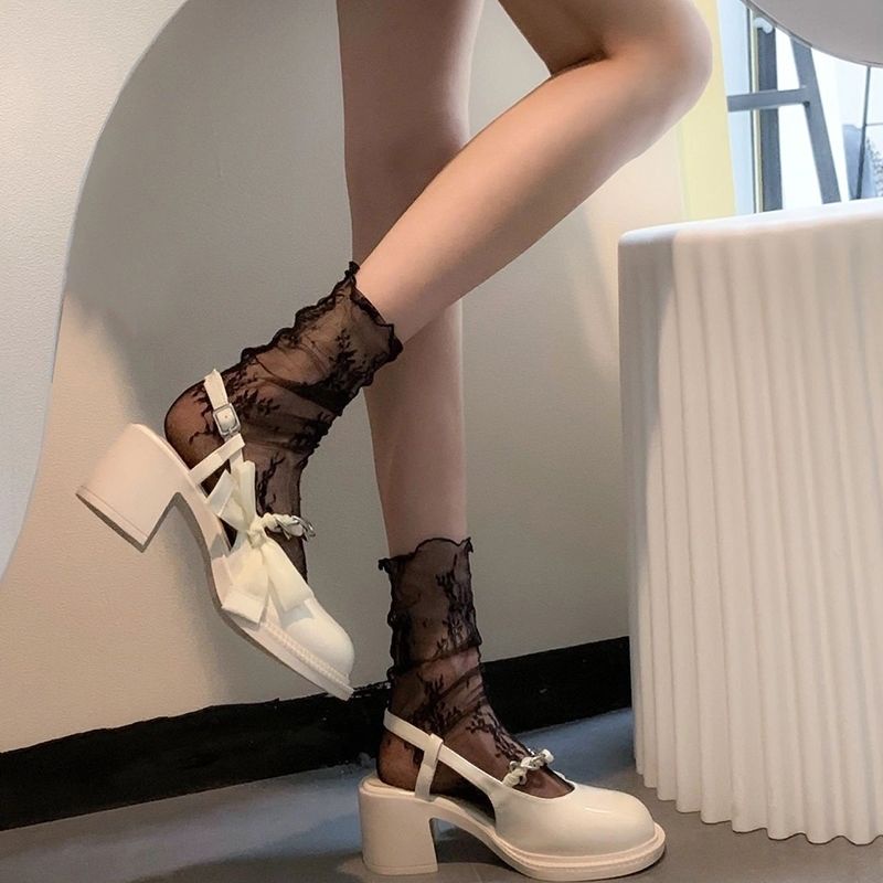 Vớ Lưới Ren Siêu Mỏng Cổ Cao Ngang Bắp Chân Màu Trắng Đen Phong Cách Mary Jane Mới Cho Nữ