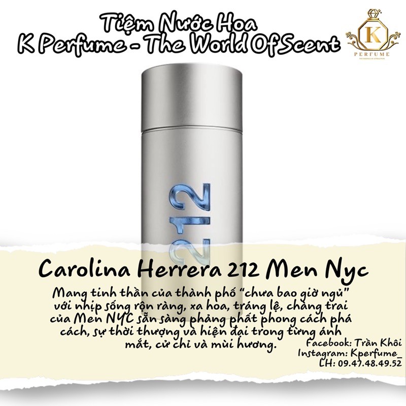 [𝐊-𝐏𝐞𝐫𝐟𝐮𝐦𝐞] Nước Hoa Nam CH 212 Men Nyc - Mẫu Chiết Dùng Thử 5ml 10ml 20ml