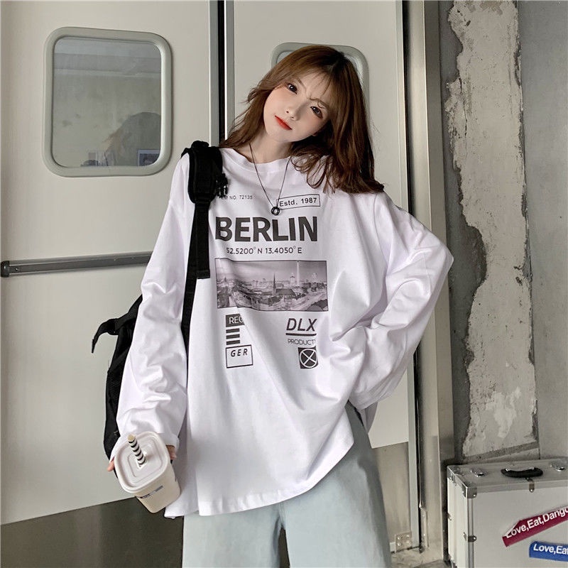Áo thun tay dài dáng rộng phong cách thời trang xuân thu cho nữ
