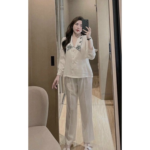 (Dưới 62kg) Đồ bộ pijama mặc nhà LỤA XƯỚC tay phồng dài quần dài phong cách TIỂU THƯ sang trọng và quý phái