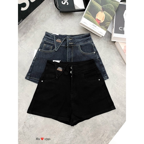 Quần short bò hai khuy lưng cao trơn 2 màu đen, xanh siêu đẹp. Size S M L