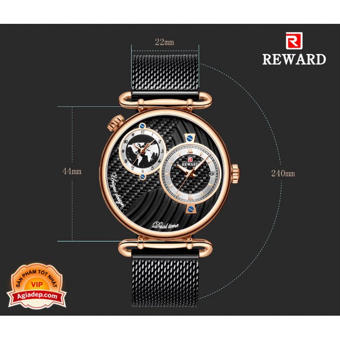 Đồng hồ nam Reward 2 Mặt kim, Công nghệ mới - Giúp so thời gian 2 nơi trên thế giới, Tiện lợi for men 62002M