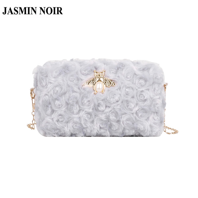Túi đeo vai JASMIN NOIR hình vuông cỡ nhỏ phối lông thiết kế thời trang cho nữ