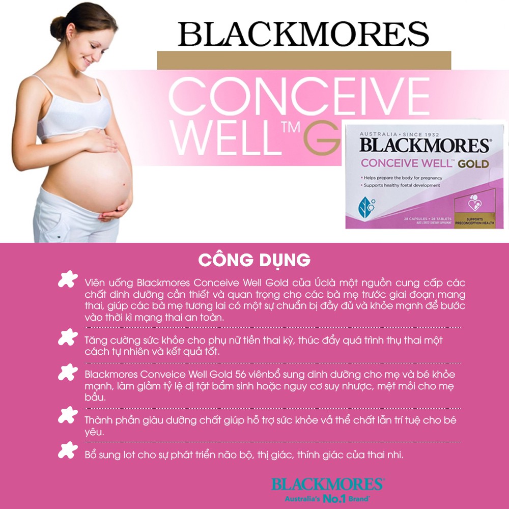 [Chính hãng Úc] Viên uống tăng khả năng thụ thai, bổ trứng cho nữ giới Conceive Well Gold Blackmores Úc 56 viên-Date mới