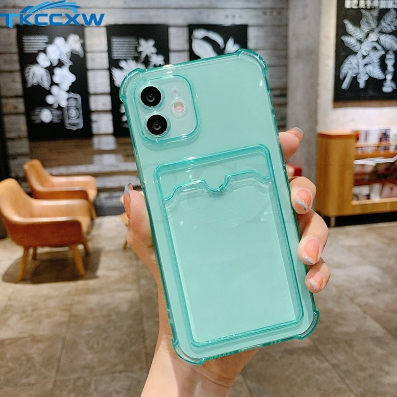 Ốp Điện Thoại TPU Mềm Trong Suốt Có Túi Khí Chống Sốc Màu Trơn Có Ngăn Đựng Thẻ Cho For iPhone 12 13 Pro MAX XS MAX X