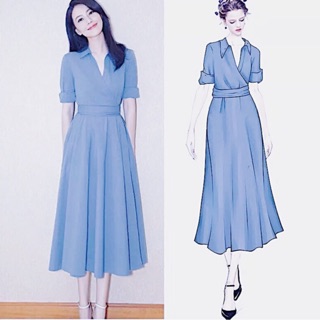 Đầm váy xanh form dài cổ bẻ (kèm hình thật)