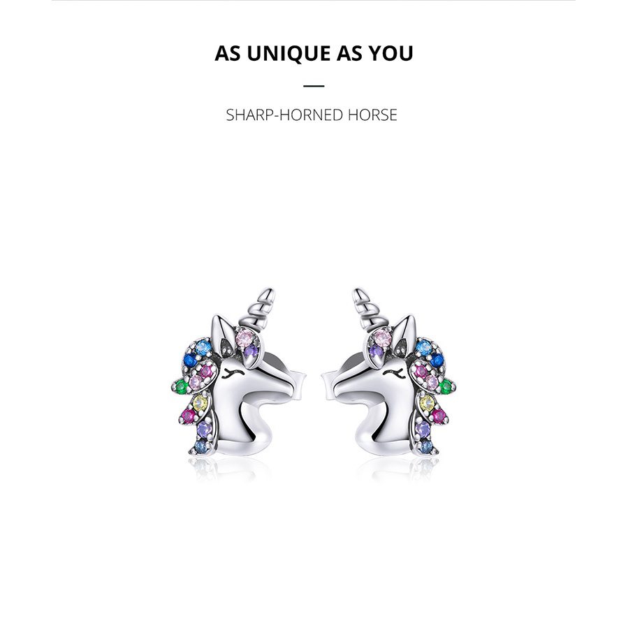 Bông Tai Bamoer BSE496 Làm Quà Tặng Dành Cho Nữ Tạo Hình Ngựa Một Sừng Bằng Bạc Thật 925 Đính Đá Zircon