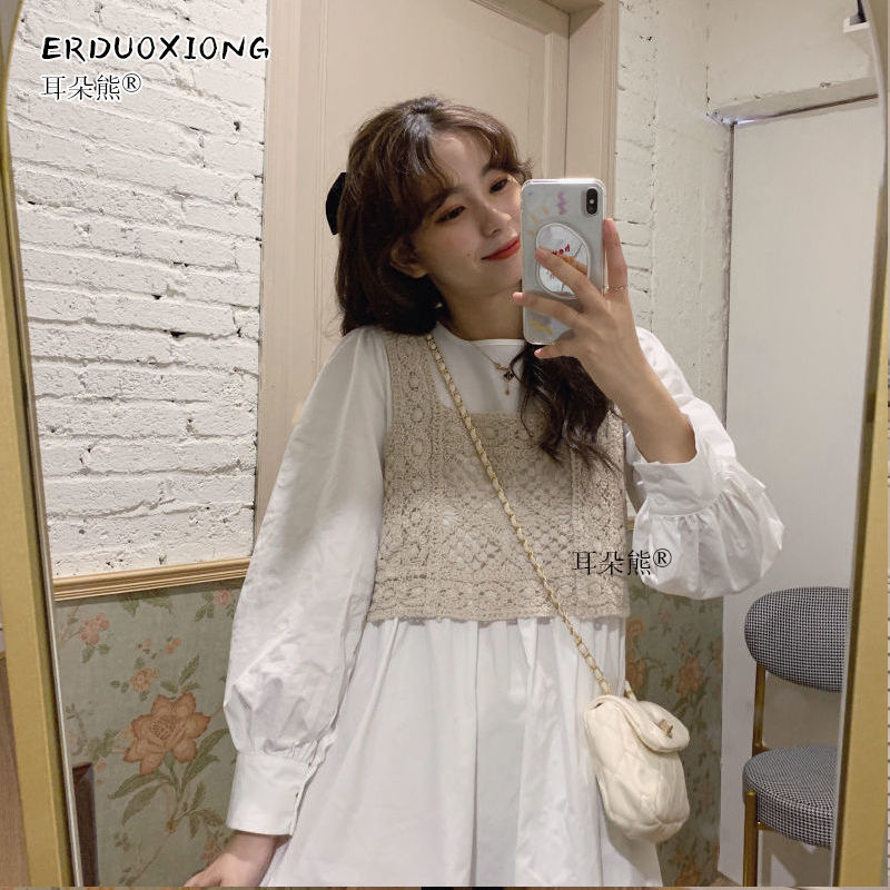 Áo kiểu mặc ngoài hai dây dệt kim dáng rộng phối ren thời trang dành cho nữ