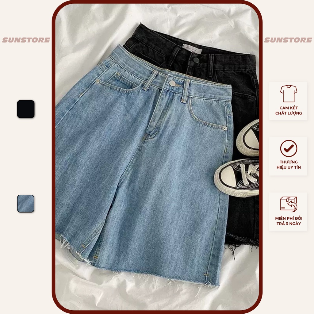 Quần short jean denim form lửng lưng cao lai tua rua 2 màu đen xanh