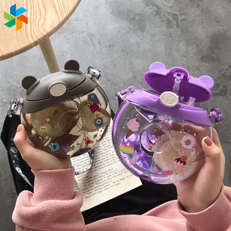 Với dây đeo, siêu dễ thương Bình nước nhựa hình bánh donut kiểu tai gấu chống rơi có ống hút dễ thương JP6