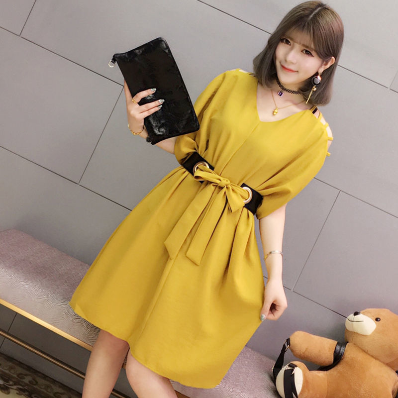 Plus-sized Women Exposed Shoulder Dress2021Summer New Large Girl's Bat Sleeve Loose Skirt200Jin Skirt