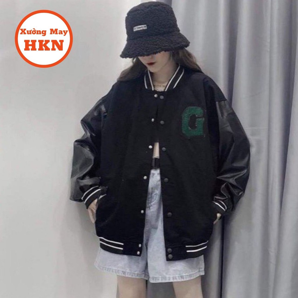 Áo Khoác Bomber Jacket Nam Nữ Unisex Varsity Cardigan Phối Da Họa Tiết Chữ G Tay Mã 258 Xưởng May HKN