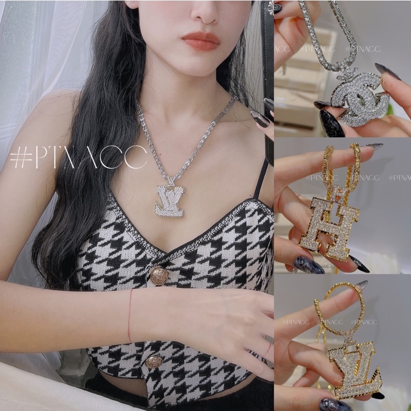 Dây chuyền, vòng cổ xi bạch kim, xi mạ vàng phối mặt thương hiệu dáng to đính đá cao cấp .PTNACC.