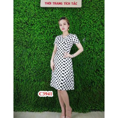 Đầm suông cổ vest xanh đen bi trắng A520