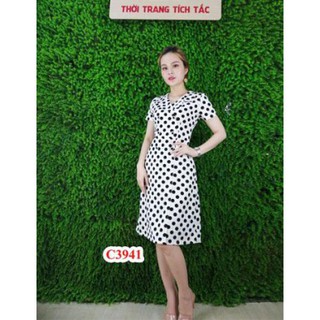 Đầm suông cổ vest xanh đen bi trắng V520