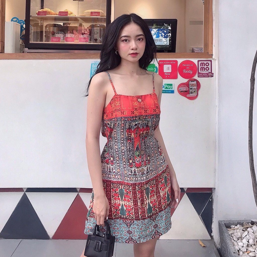 chất vải lụa mịn - váy 2 dây thắt nơ lưng from chuẩn tôn dáng
