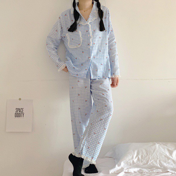 Bộ ngủ pijama dài tay thu đông viền bèo vải cotton