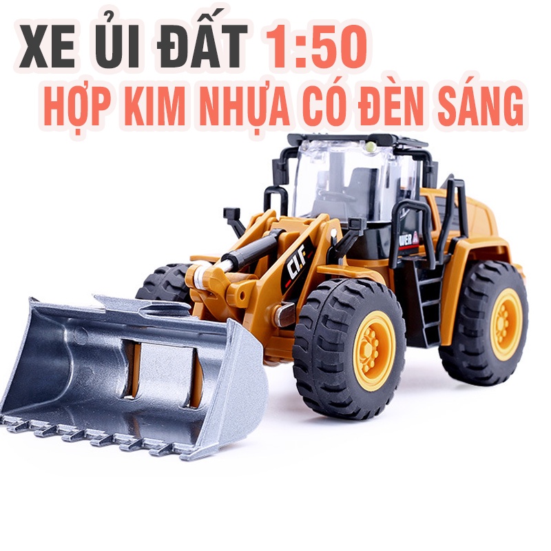 Xe xúc ủi đất mini tỉ lệ 1:50 xe đồ chơi công trình cho trẻ em bằng hợp kim nhựa có đèn sáng
