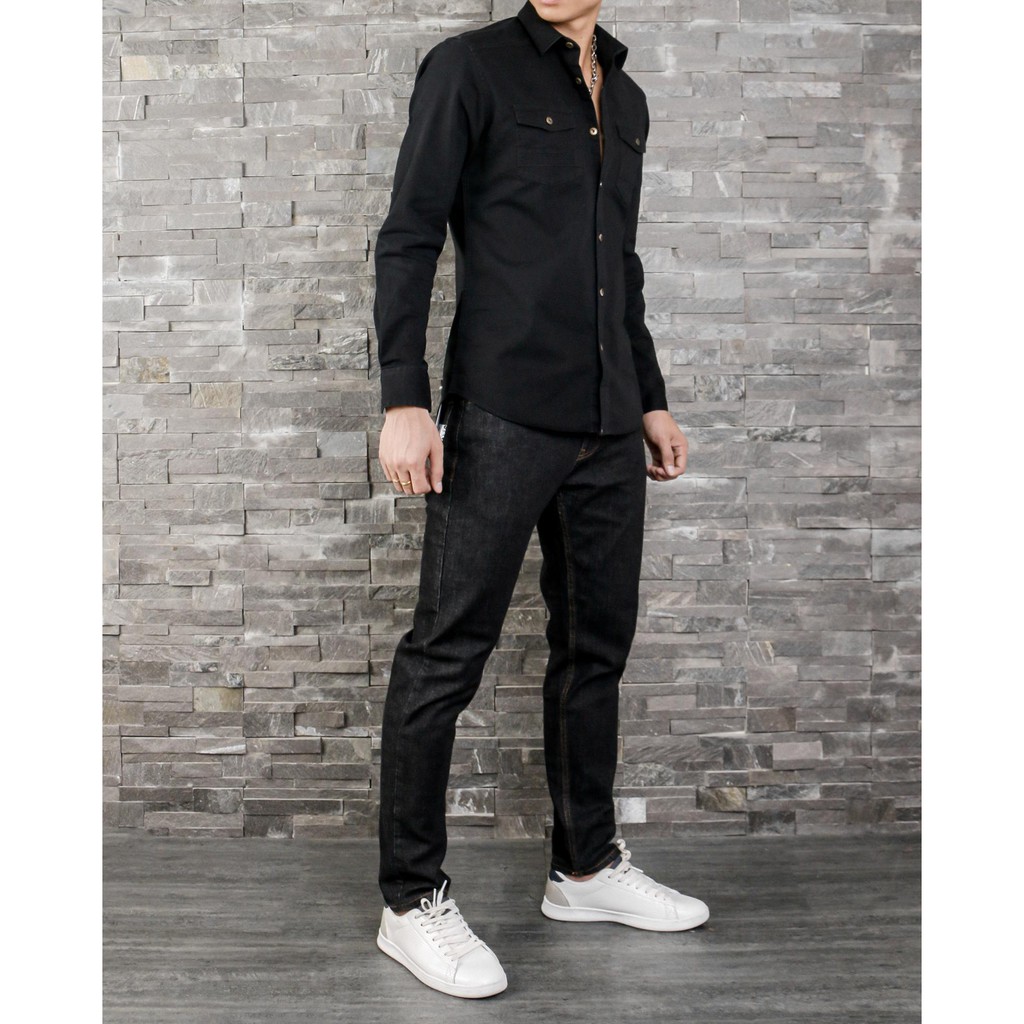 Áo sơ mi denim nam MUSLAND cổ bẻ 2 túi ngực màu đen 200501