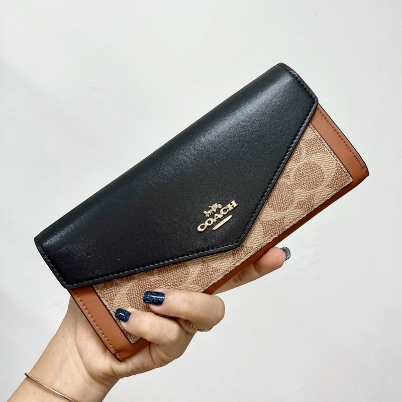 Ví nữ da thật pha canvas Coach bì thư dáng dài nhỏ gọn mỏng full box