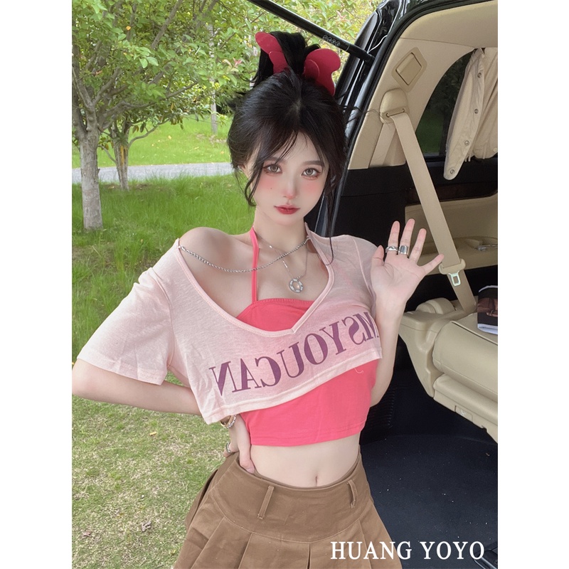 HUANG YOYO Set Áo Thun Dây Đan Chéo Trước Ngực + Áo Thun Dài Tay Thời Trang Nữ