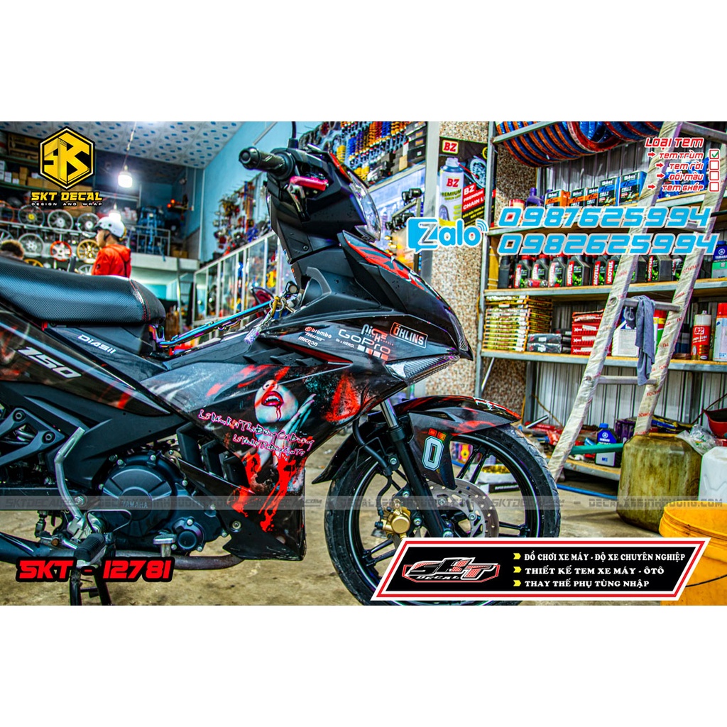 Tem trùm exciter 150 đen đỏ đôi môi