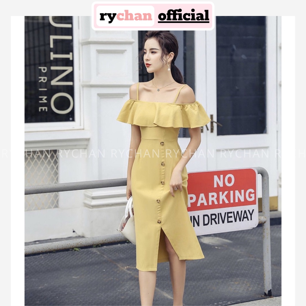 [ẢNH THẬT CUỐI] Đầm Xòe Vàng Trễ Vai Hai Dây Xẻ Trước - DX942