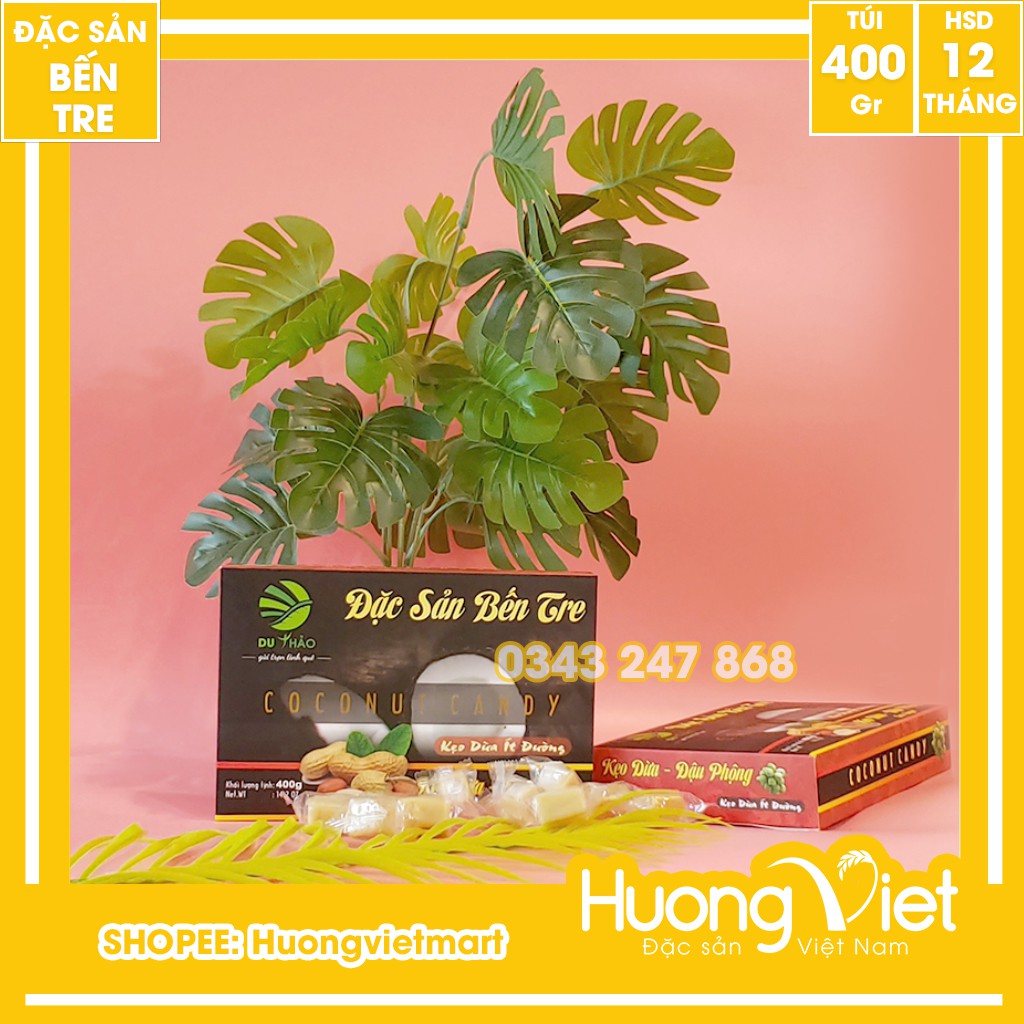 Kẹo dừa đậu phộng ít đường Du Thảo 400g, kẹo dừa Bến Tre, kẹo dừa ít ngọt