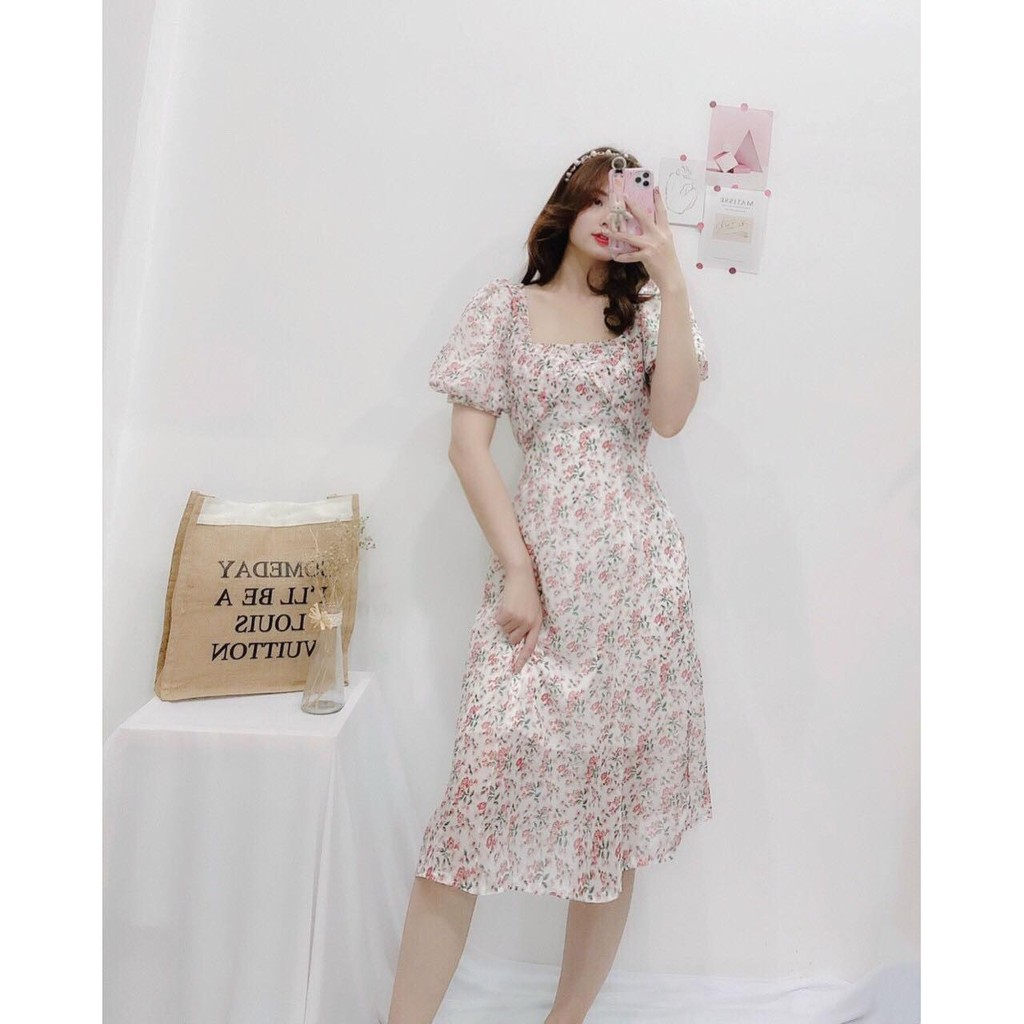 ĐẦM TẾT HOA NHÍ HỒNG ĐẮP NGỰC TAY LỠ PHỒNG DÁNG XÒE CÓ DÂY CỘT EO-hình thật shop chụp