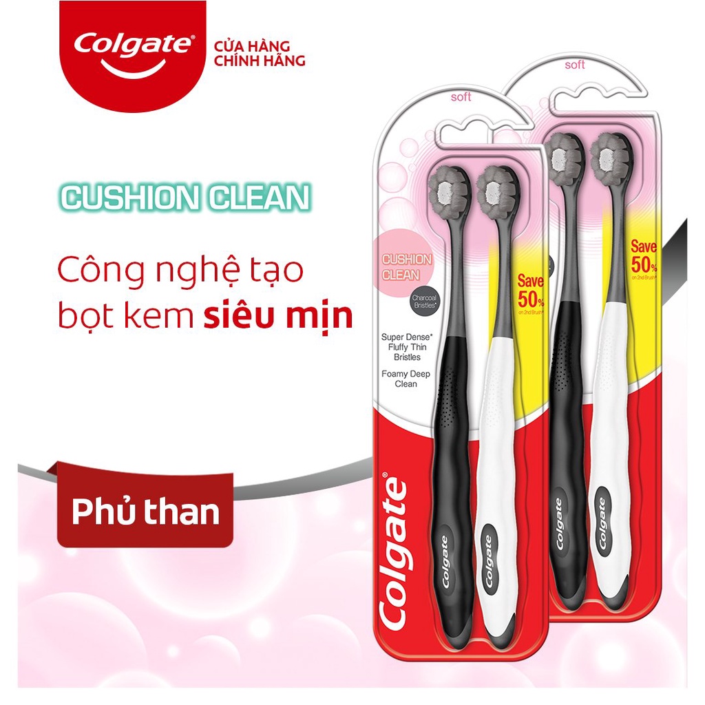 Bộ 4 Bàn chải Colgate Cushion Clean Twin Charcoal lông chải siêu dày tạo bọt mịn, kháng khuẩn