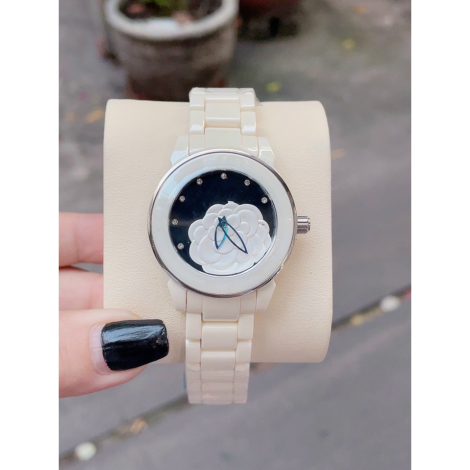 ĐỒNG HỒ NỮ DÂY ĐÁ CERAMIC MẶT HOA  - VỎ SILVER/ROSE GOLD - SIZE 34MM