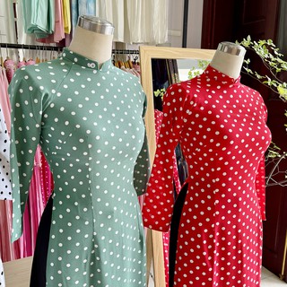 Áo dài chấm bi cổ 2p cực xinh xắn - chấm bi xanh thông, chấm bi đỏ, chấm bi trắng đen