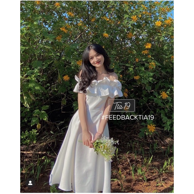 Váy trắng đệm trễ vai bèo Tia19 . Đầm rớt vai dự tiệc dáng xoè ( Ảnh thật) | BigBuy360 - bigbuy360.vn