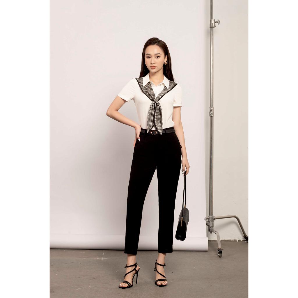 Áo sơ mi cổ đức, cộc tay, phối dây buộc kẻ caro nhỏ MMOutfit M-AO071021216