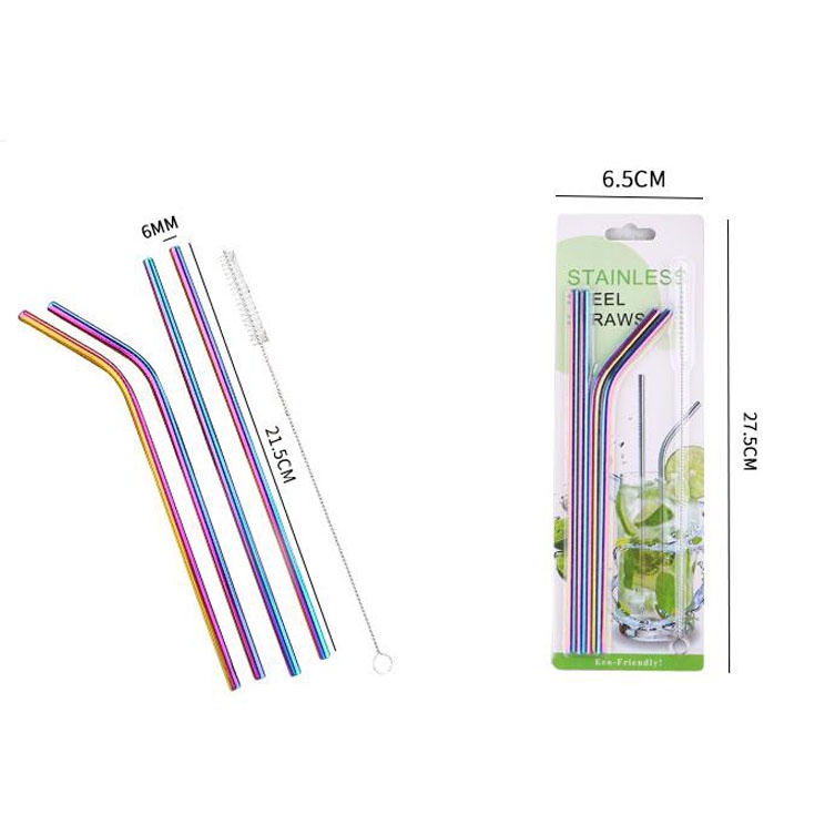 Bộ 4 Ống Hút Kim Loại Màu Sắc Cầu Vồng Kèm Cọ Vệ Sinh Bằng Inox 304