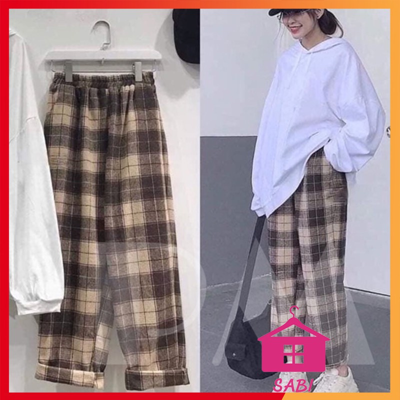 [GIÁ SỈ] Quần kẻ karo to mẫu mới ống rộng 3 màu đi chơi mặc nhà FREE SIZE DƯỚI 65kg - Quần baggy nữ SABI SHOP