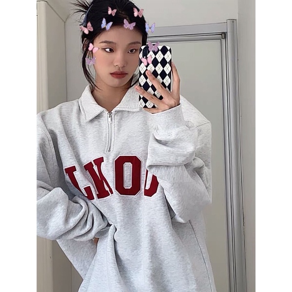 Áo sweater nỉ da cá polo có khoá kéo ulzzang in chữ LKOD