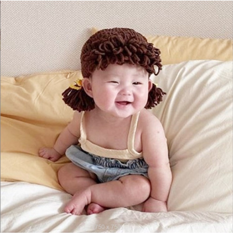 Mũ len tóc giả bé gái - bím tóc ngắn phong cách Hàn Quốc cho bé 6 tháng - 3 tuổi